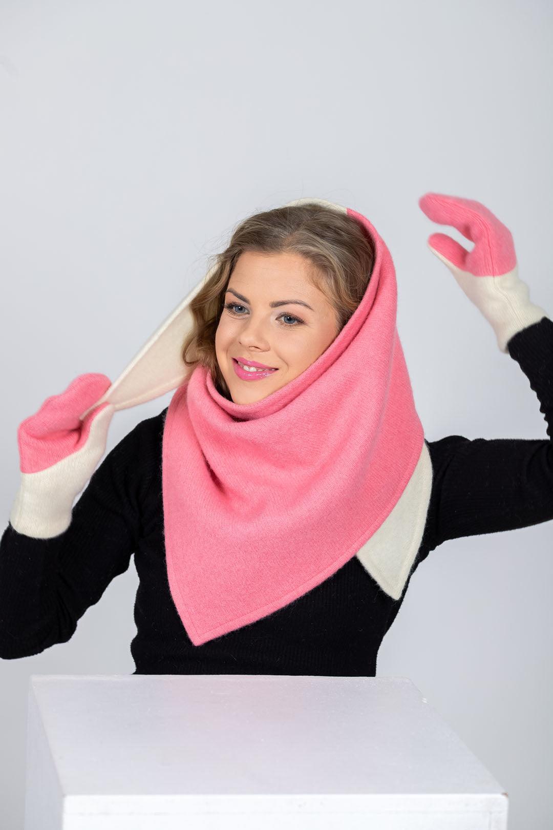 Versatile Handmade Wool Triangle Shawl - Pink, White - ROODS PROJECT