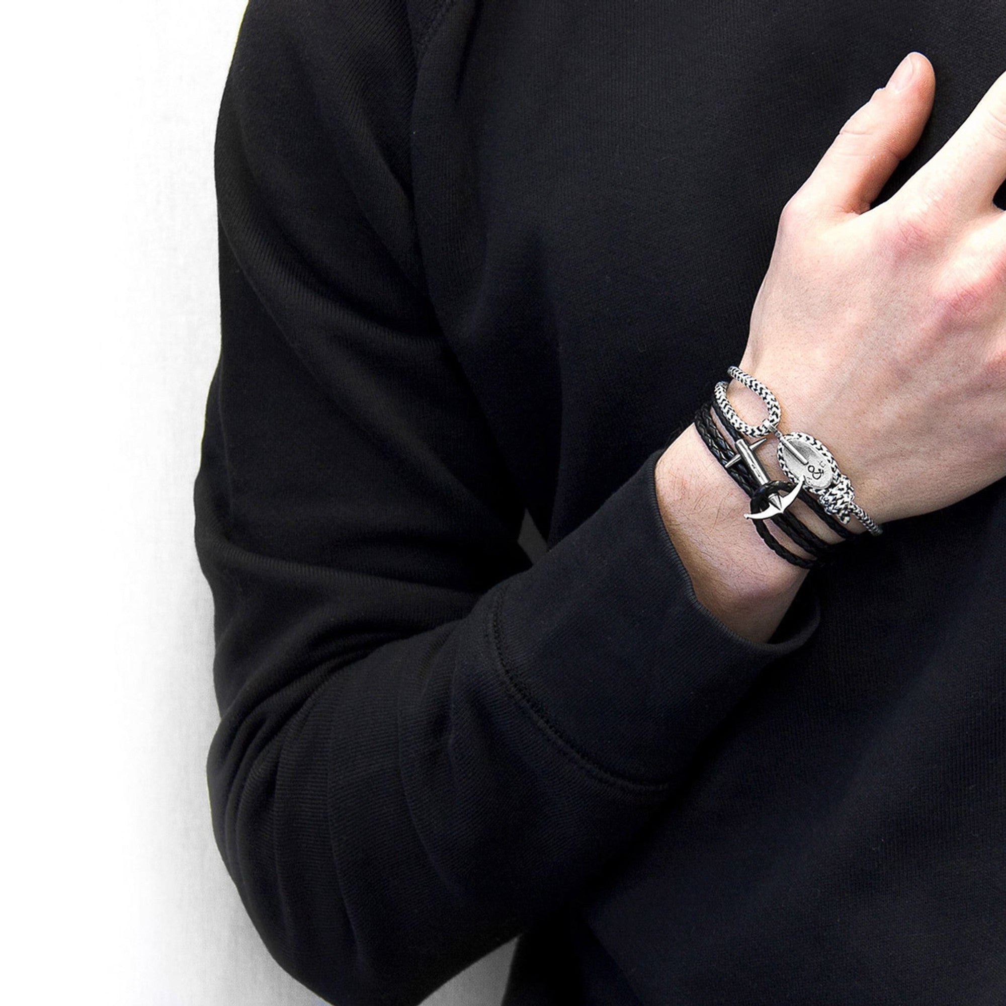Admiral Anchor Silver and Braided Leather Bracelet - Coal Black