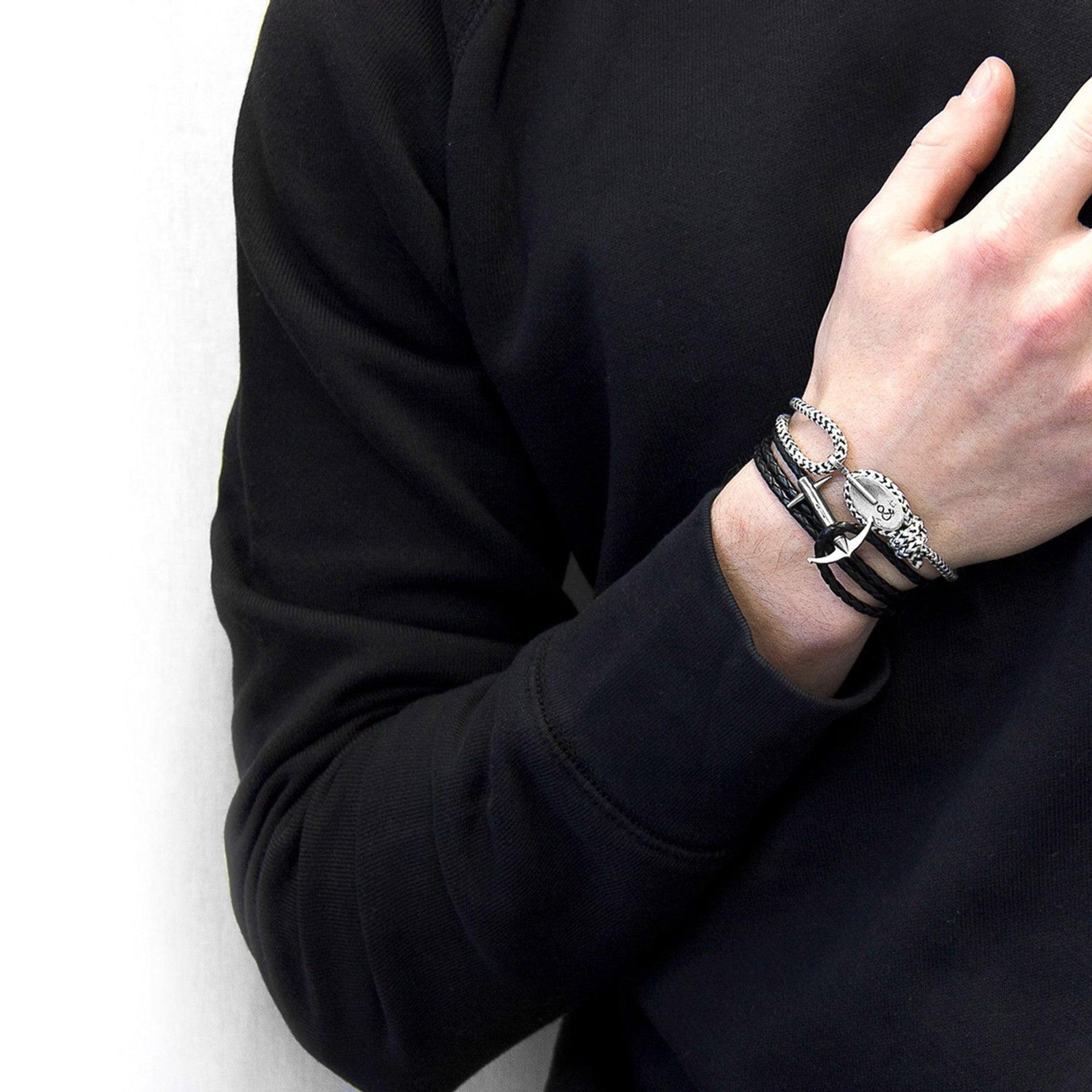 Admiral Anchor Silver and Braided Leather Bracelet - Coal Black - ROODS PROJECT