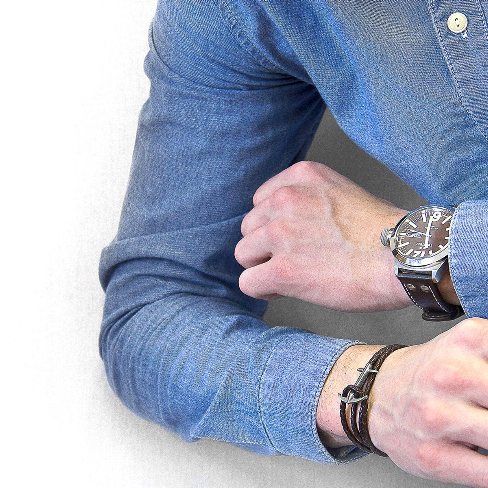 Admiral Anchor Silver and Braided Leather Bracelet - Dark Brown - ROODS PROJECT