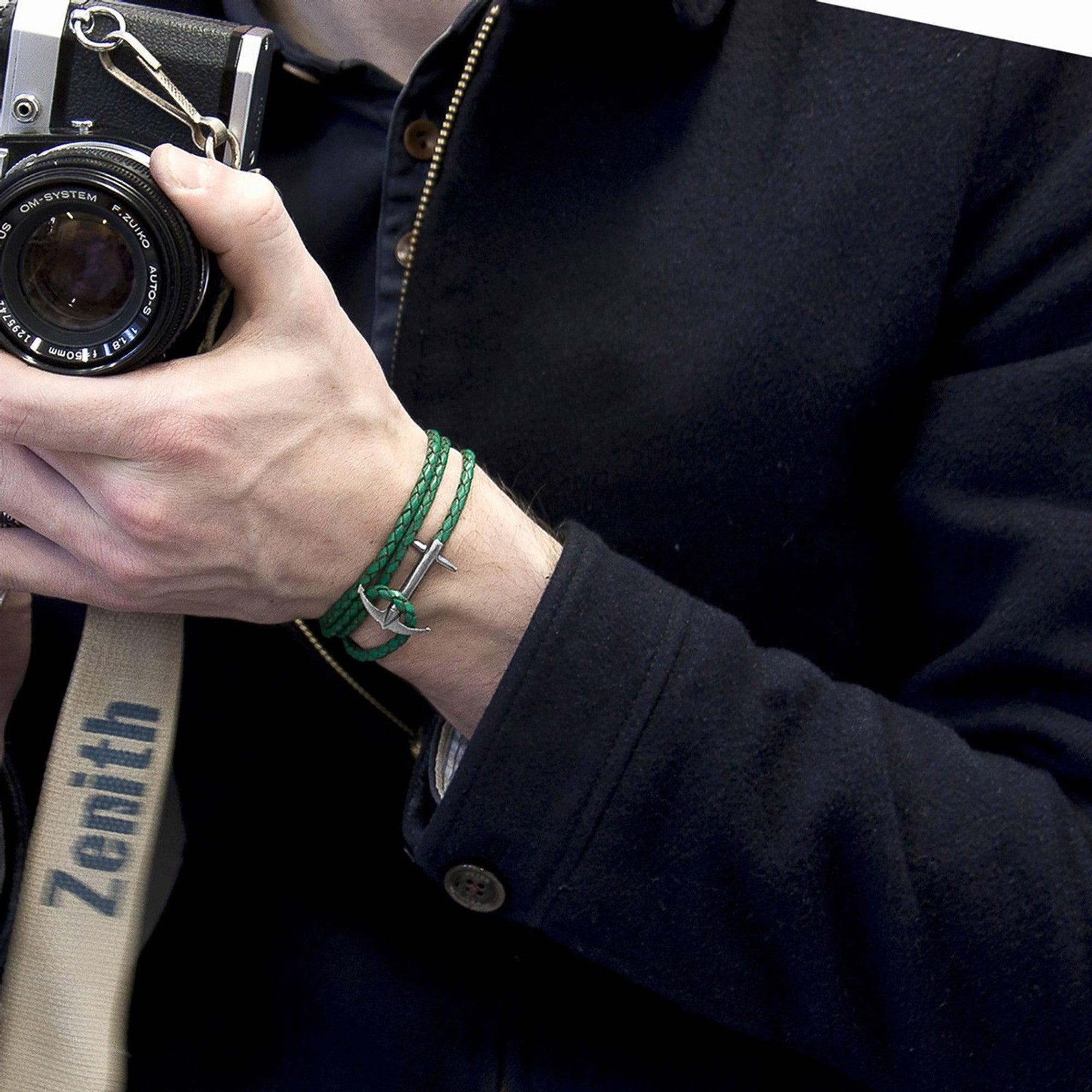 Admiral Anchor Silver and Braided Leather Bracelet - Fern Green - ROODS PROJECT
