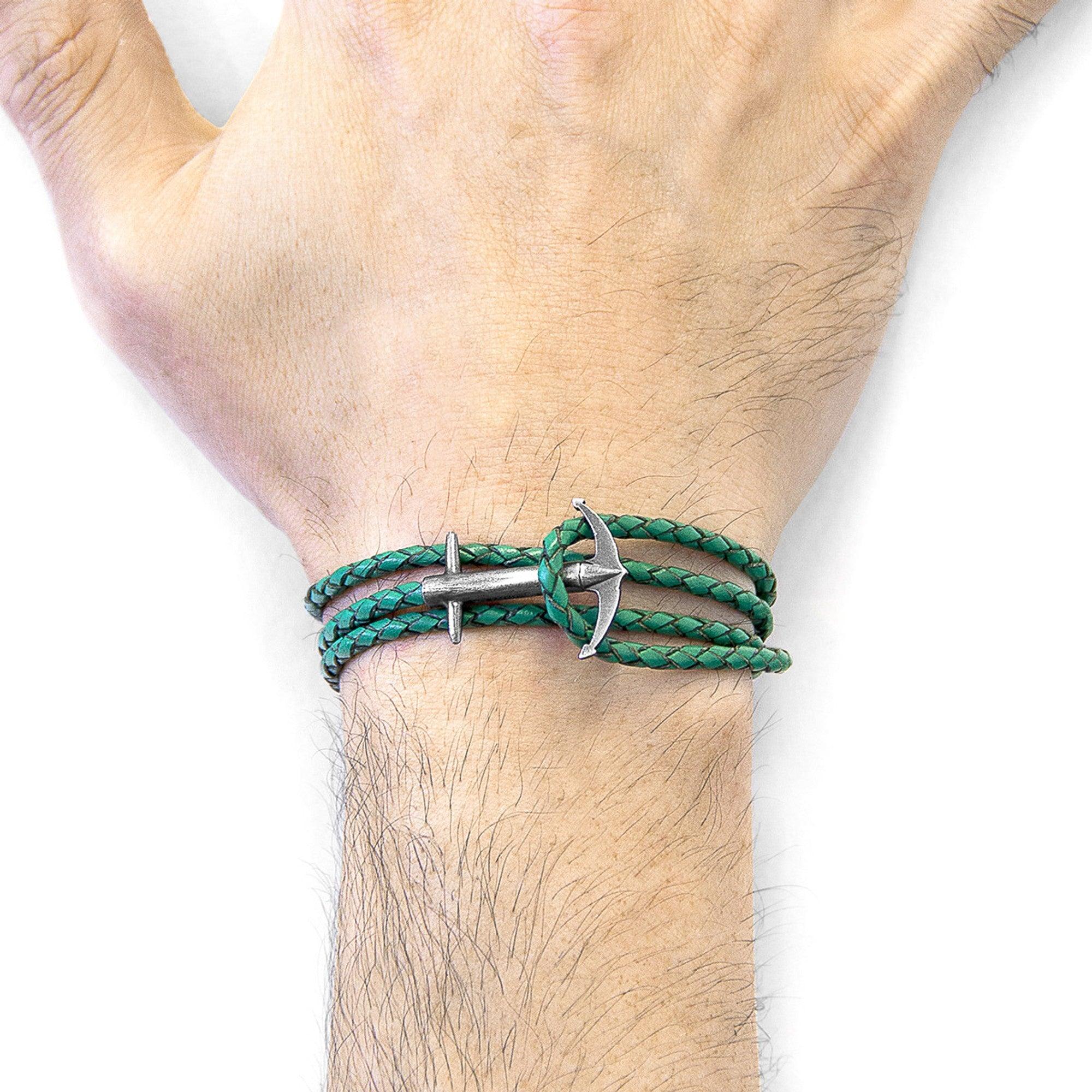 Admiral Anchor Silver and Braided Leather Bracelet - Fern Green - ROODS PROJECT