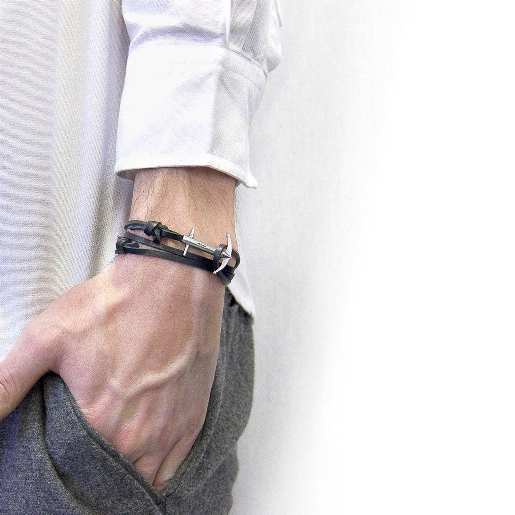 Admiral Anchor Silver and Flat Leather Bracelet - Coal Black - ROODS PROJECT