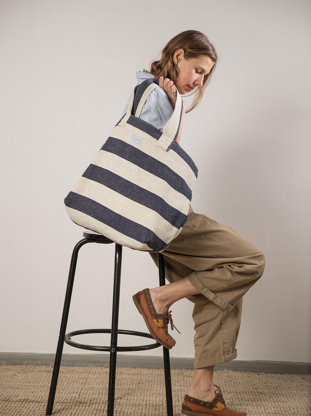 BEACH BAG - Reclaimed stripe canvas - ROODS PROJECT