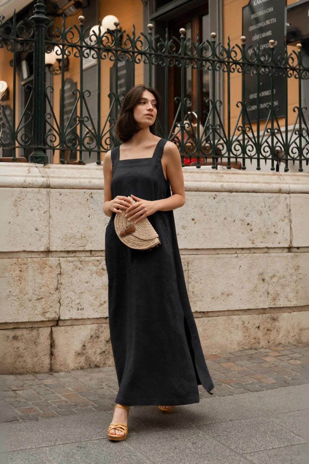 Linen Fugue Dress - Black - ROODS PROJECT