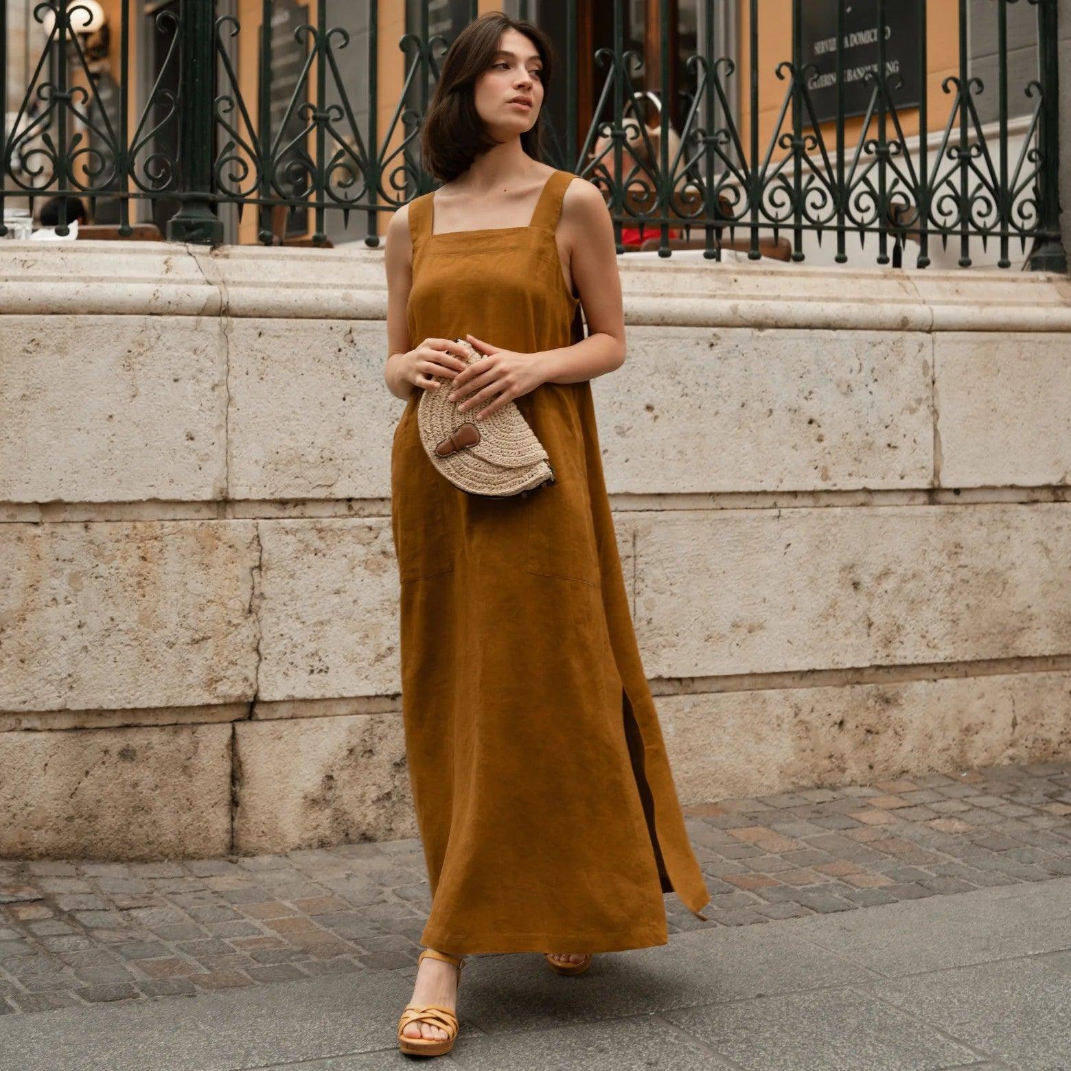 Linen Fugue Dress - Bronze - ROODS PROJECT