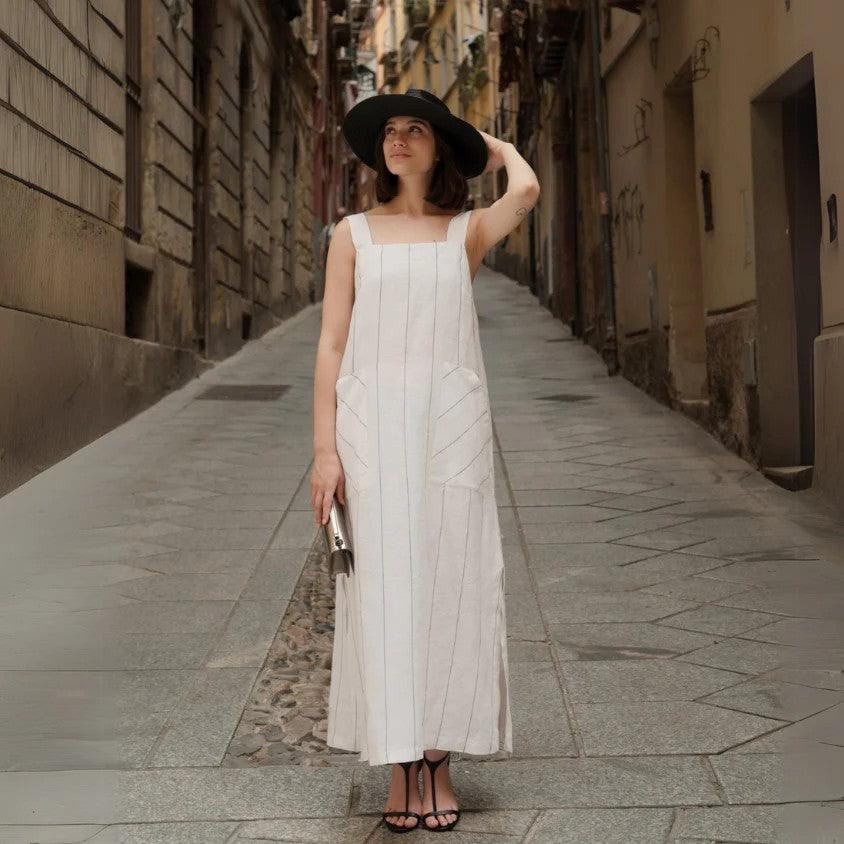 Linen Fugue Dress - Milk White with Grey Stripe - ROODS PROJECT