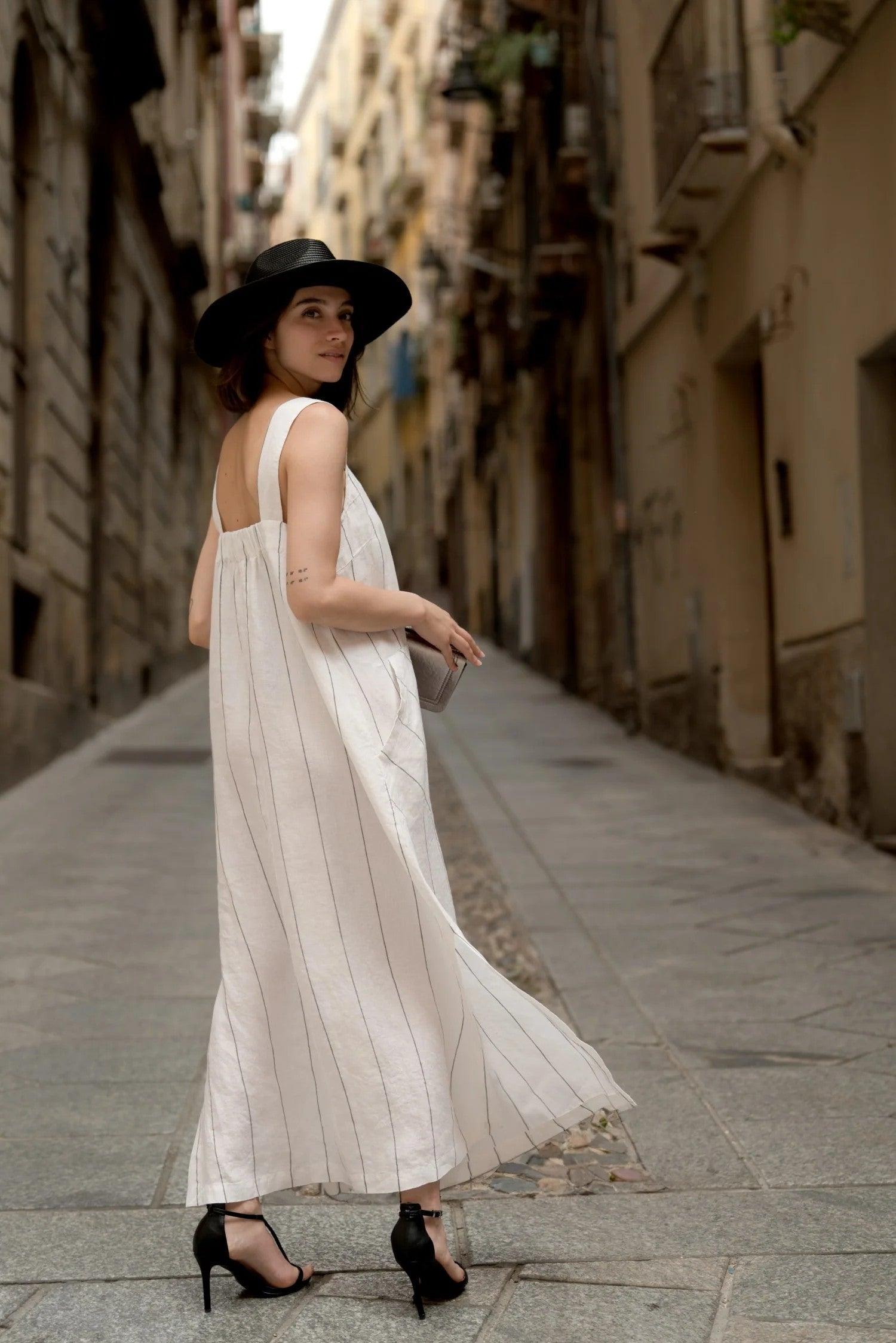 Linen Fugue Dress - Milk White with Grey Stripe - ROODS PROJECT