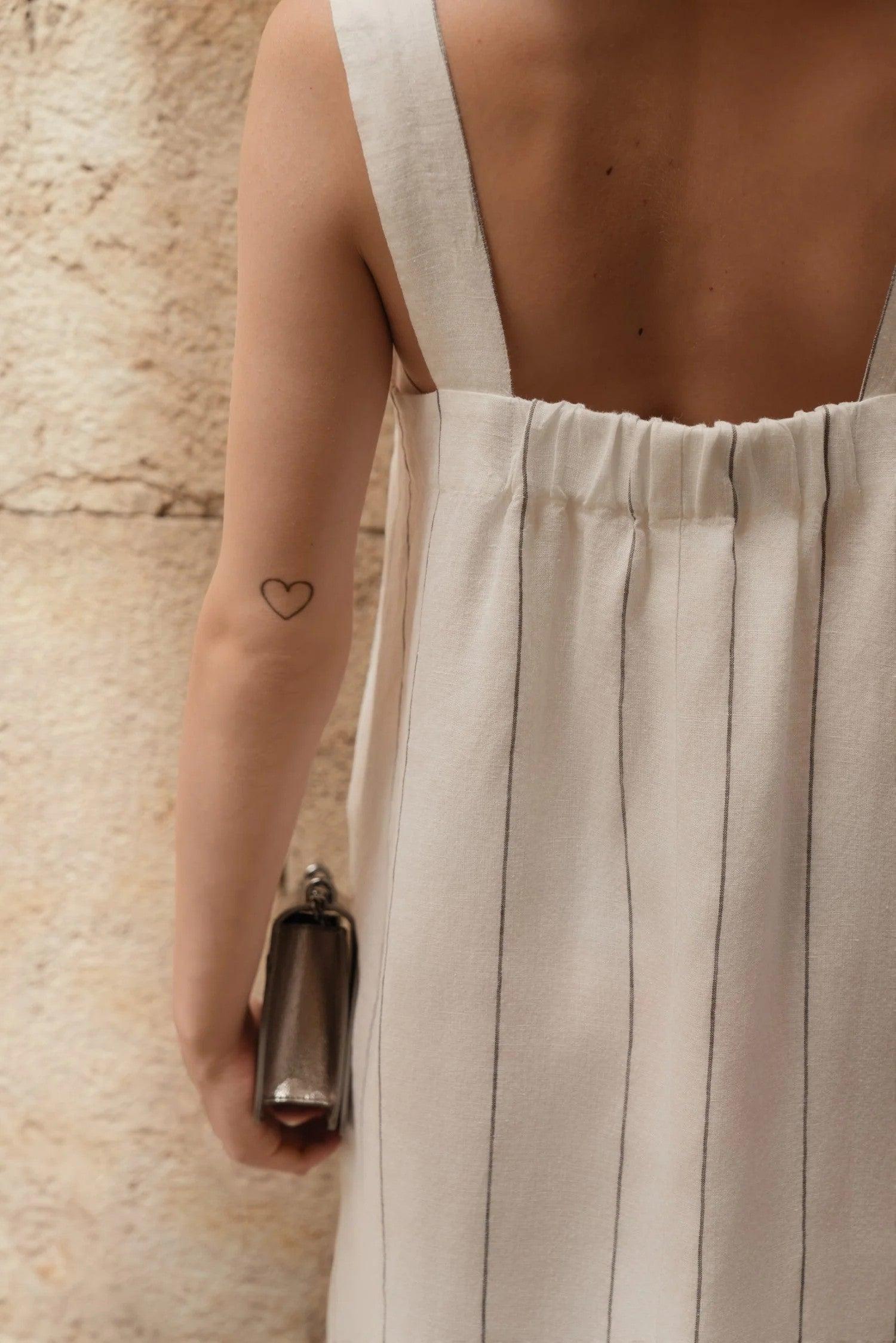 Linen Fugue Dress - Milk White with Grey Stripe - ROODS PROJECT