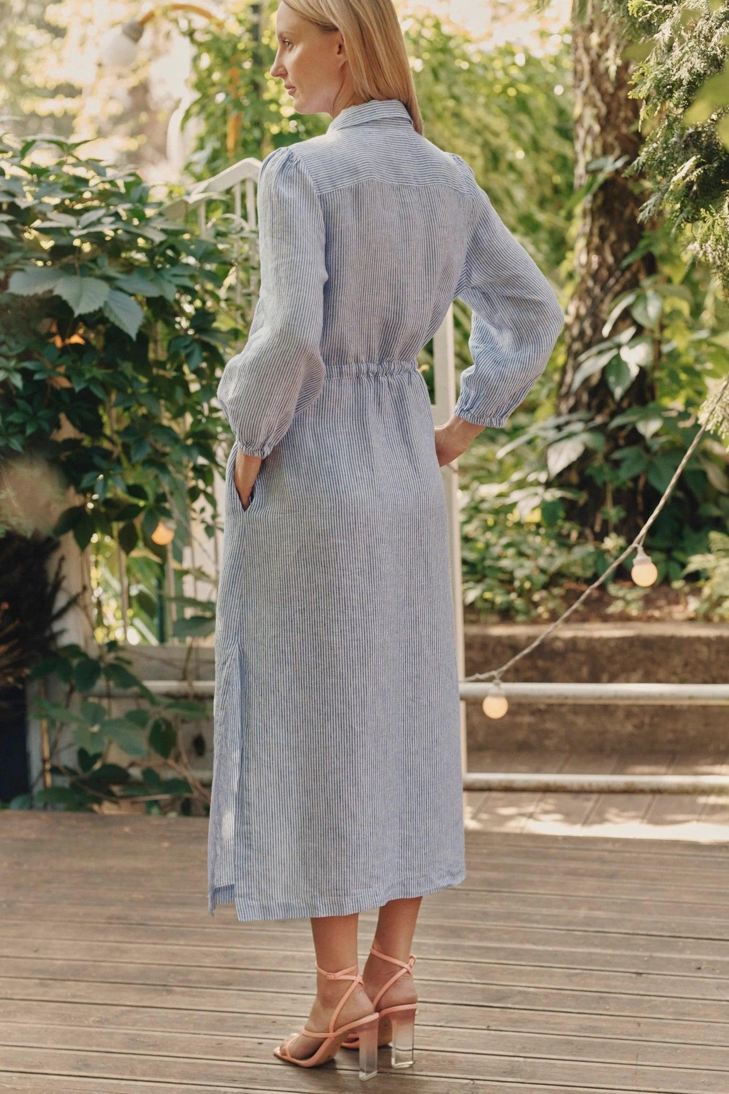 Linen Rhapsody Dress - Blue White Stripes - ROODS PROJECT