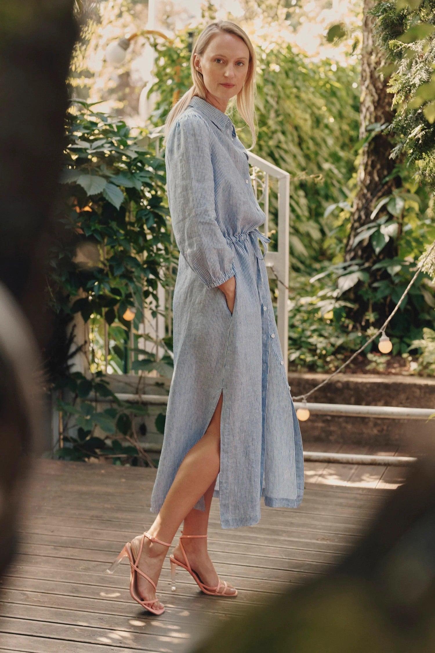 Linen Rhapsody Dress - Blue White Stripes - ROODS PROJECT