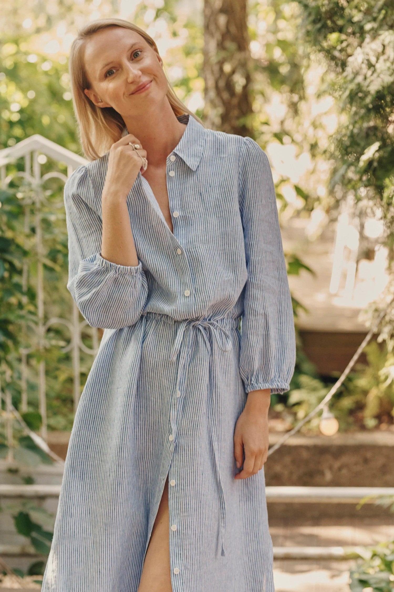 Linen Rhapsody Dress - Blue White Stripes - ROODS PROJECT