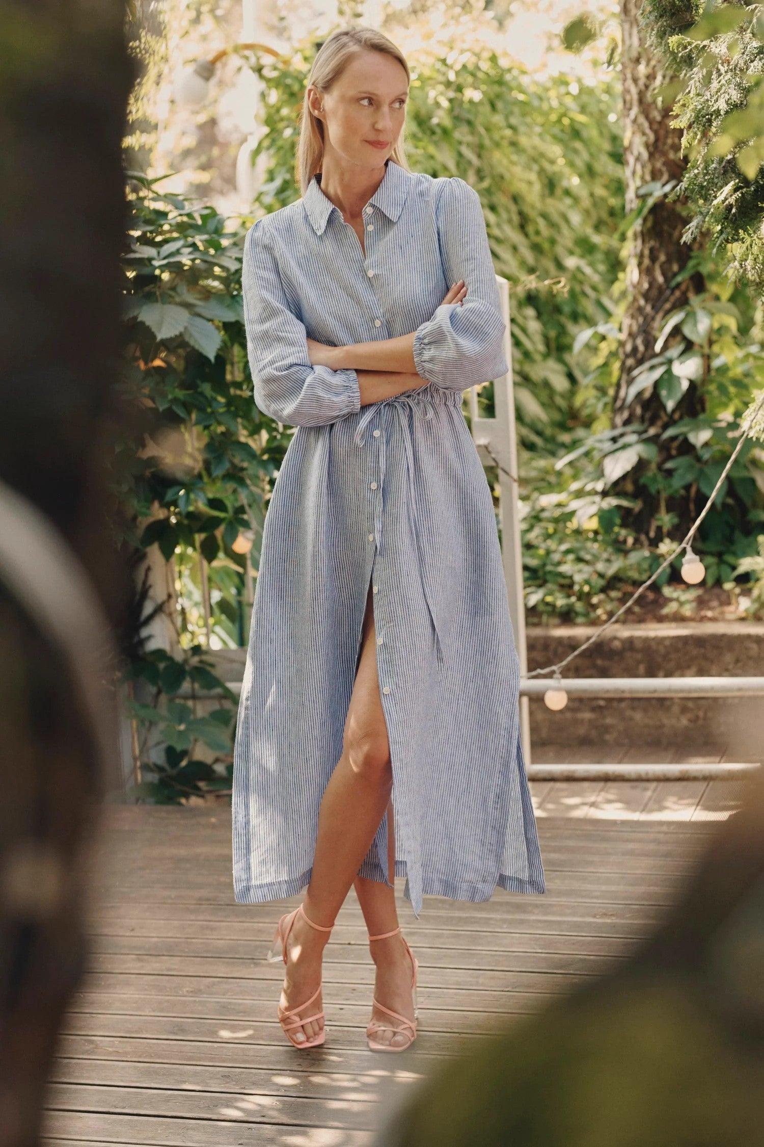 Linen Rhapsody Dress - Blue White Stripes - ROODS PROJECT