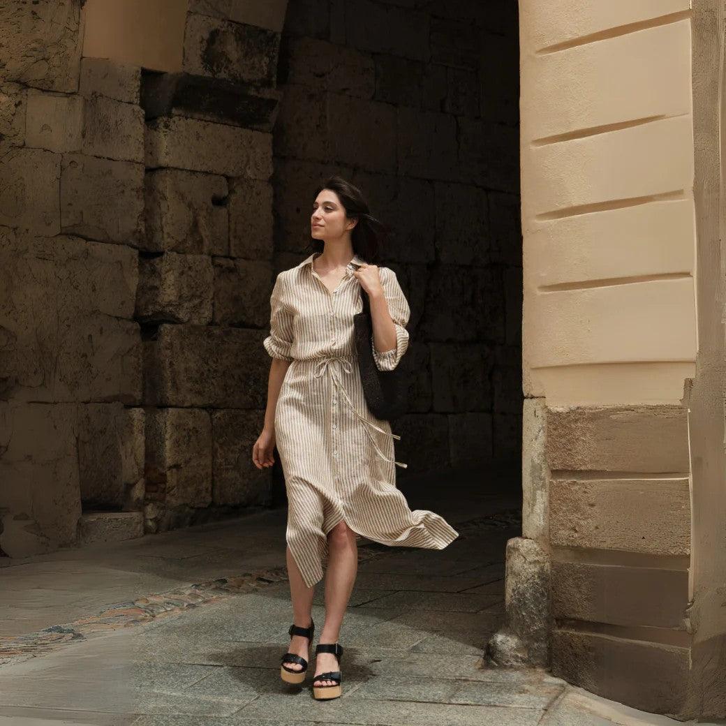 Linen Rhapsody Dress - Bronze White Stripes - ROODS PROJECT