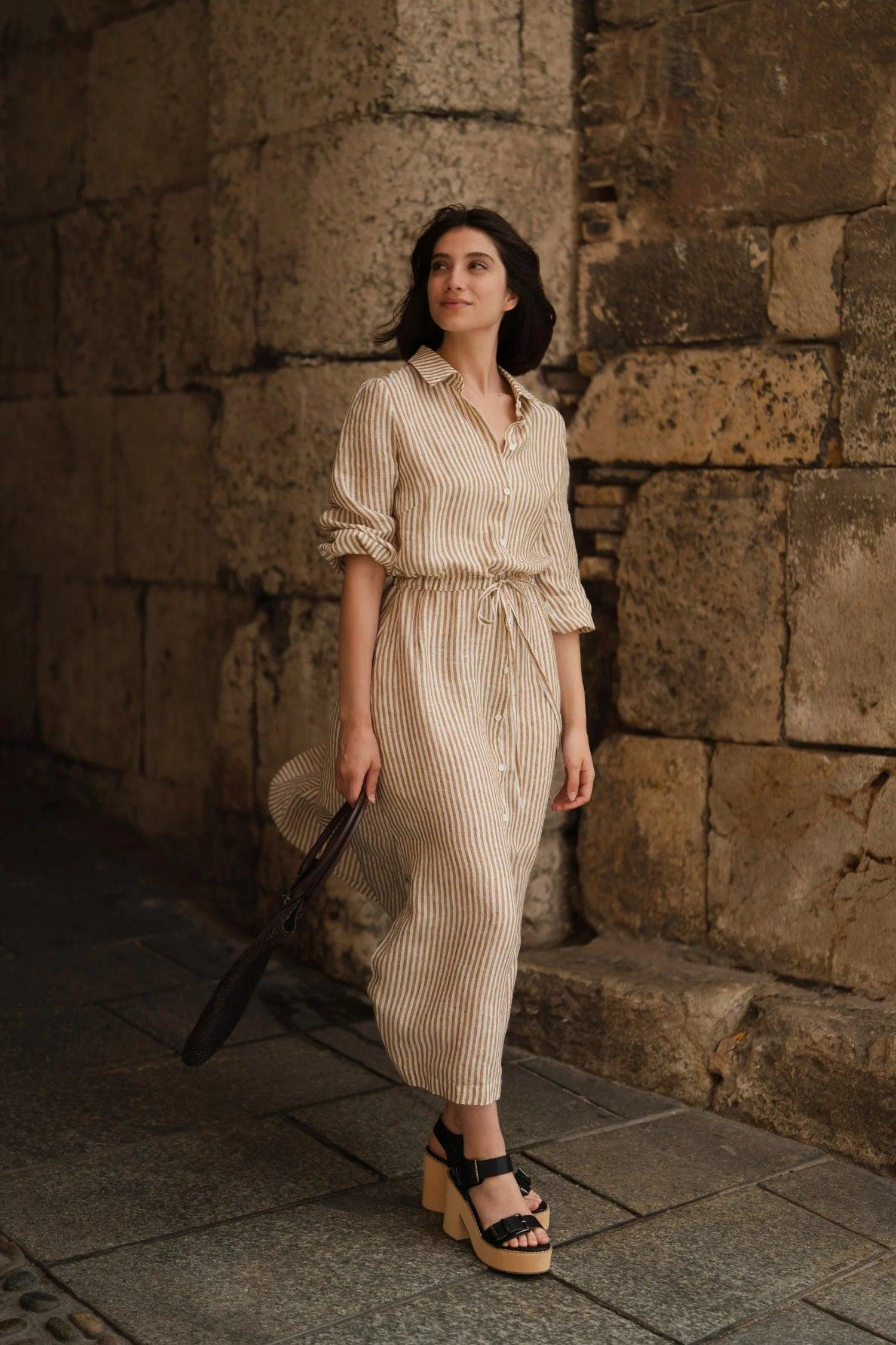 Linen Rhapsody Dress - Bronze White Stripes - ROODS PROJECT