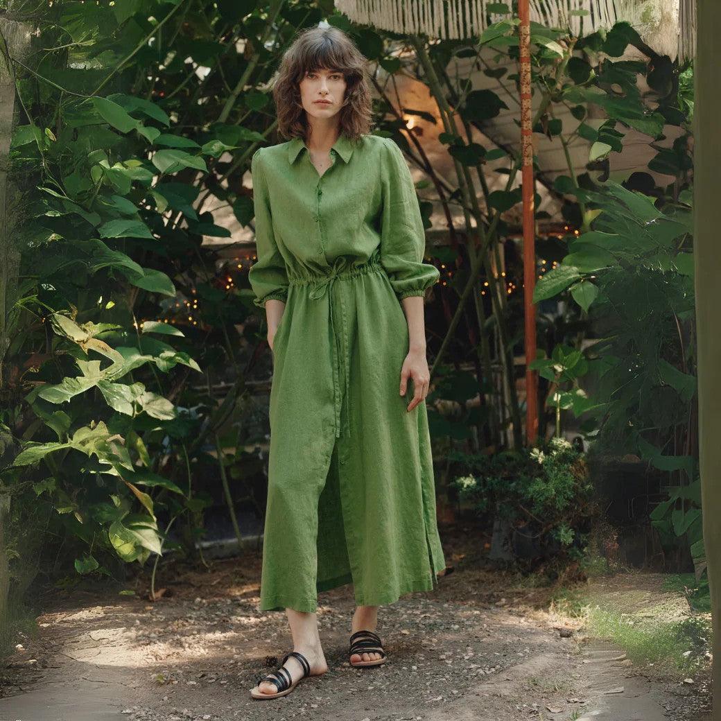 Linen Rhapsody Dress - Foliage Green - ROODS PROJECT