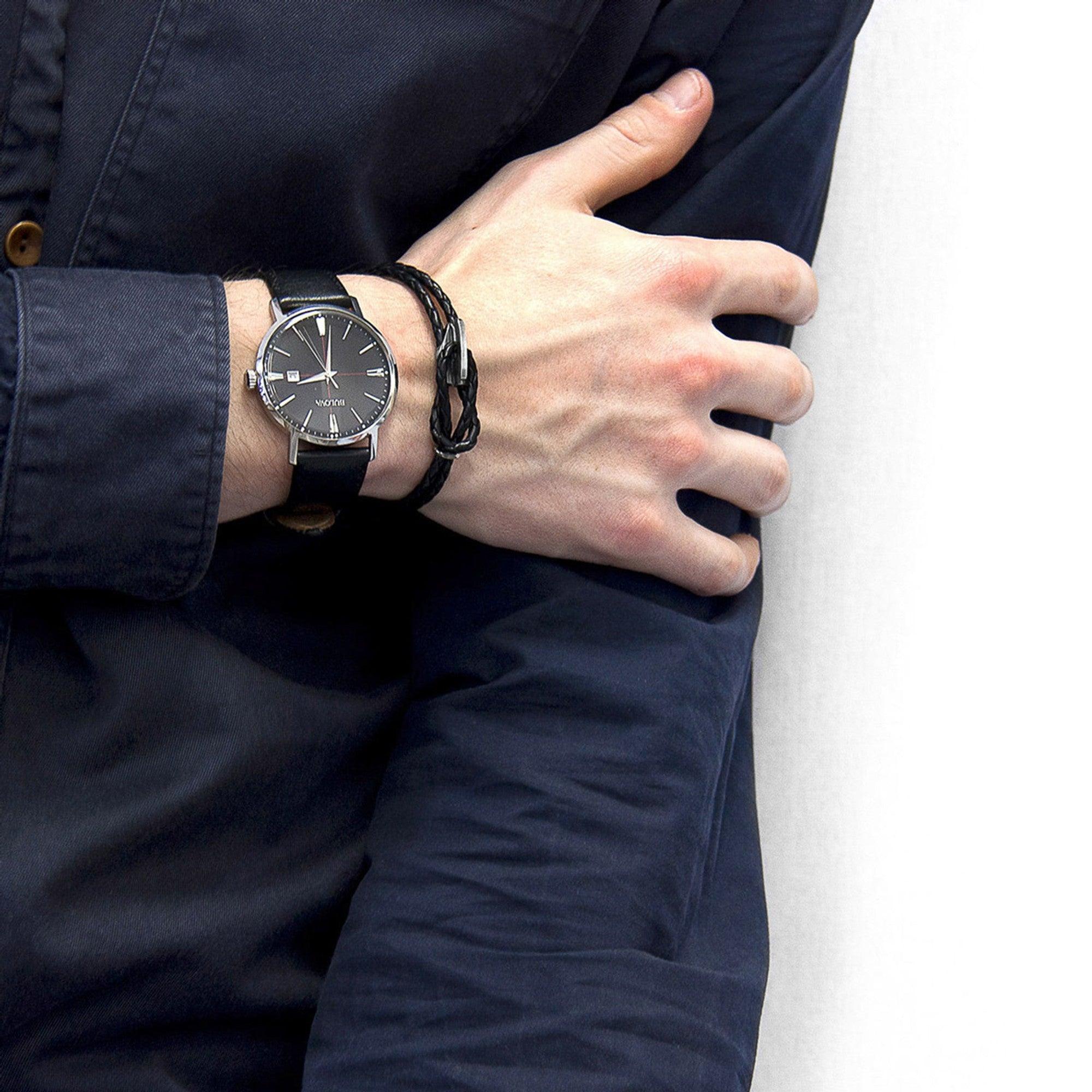 Padstow Silver and Braided Leather Bracelet - Coal Black - ROODS PROJECT