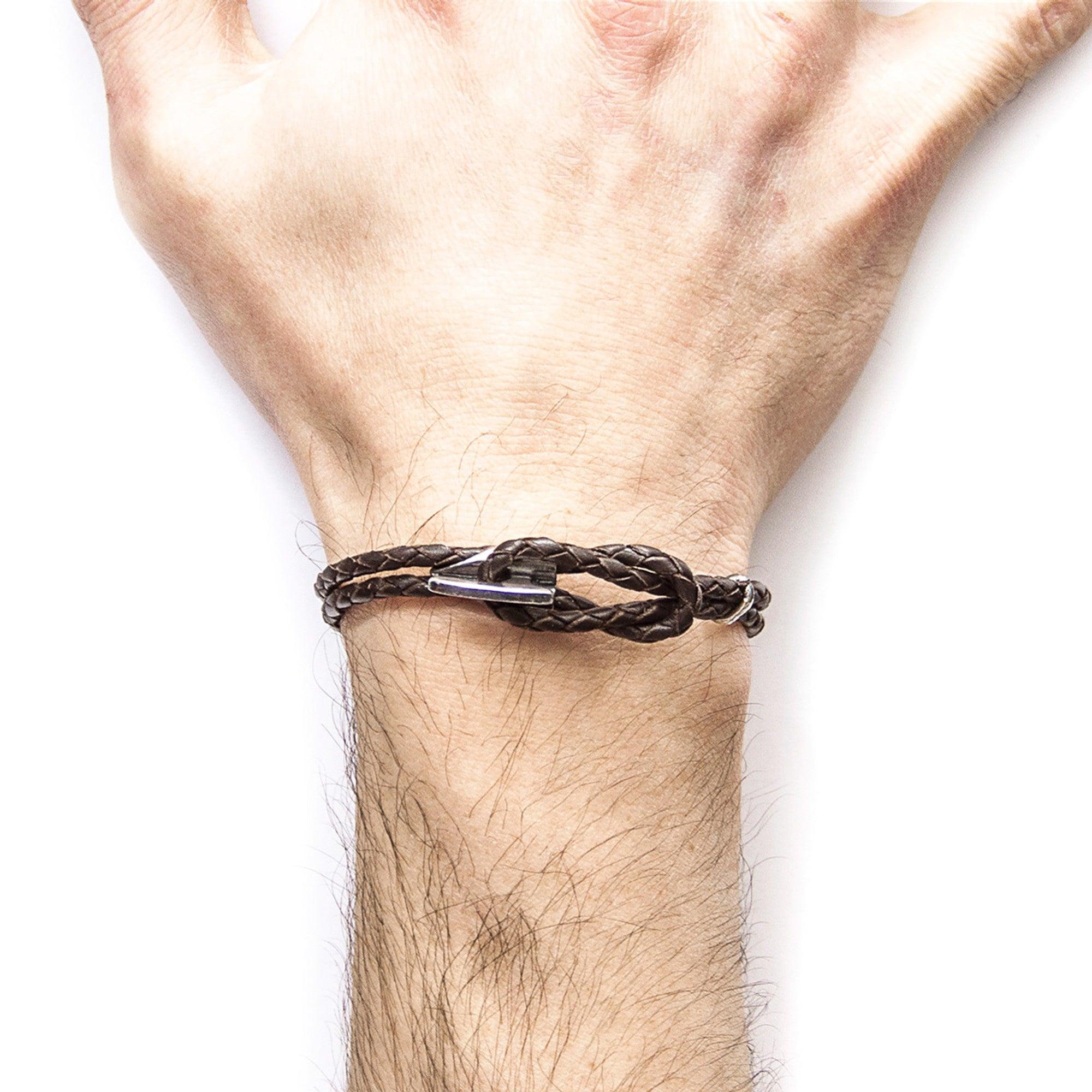 Padstow Silver and Braided Leather Bracelet - Dark Brown - ROODS PROJECT
