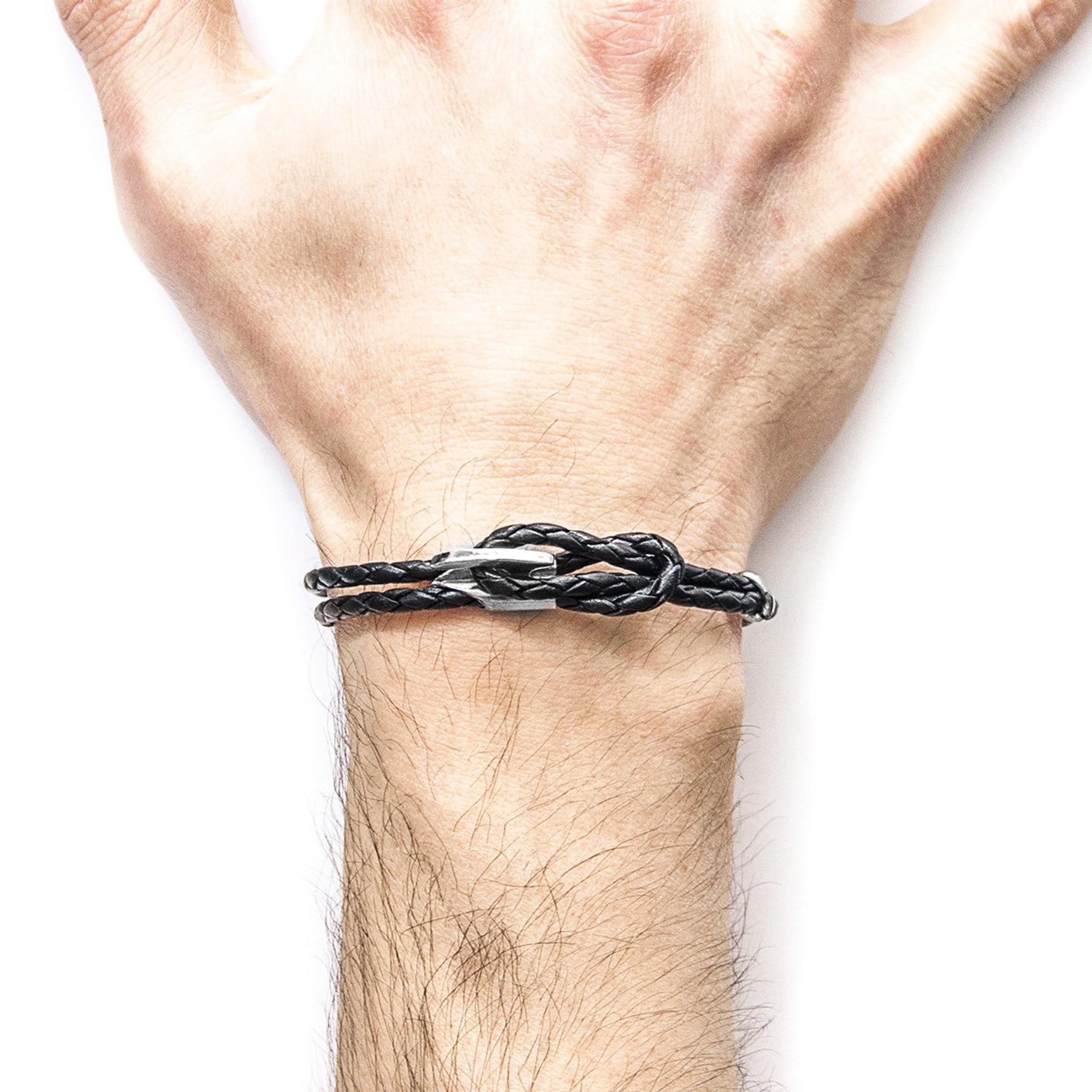 Padstow Silver and Braided Leather Bracelet - Coal Black - ROODS PROJECT