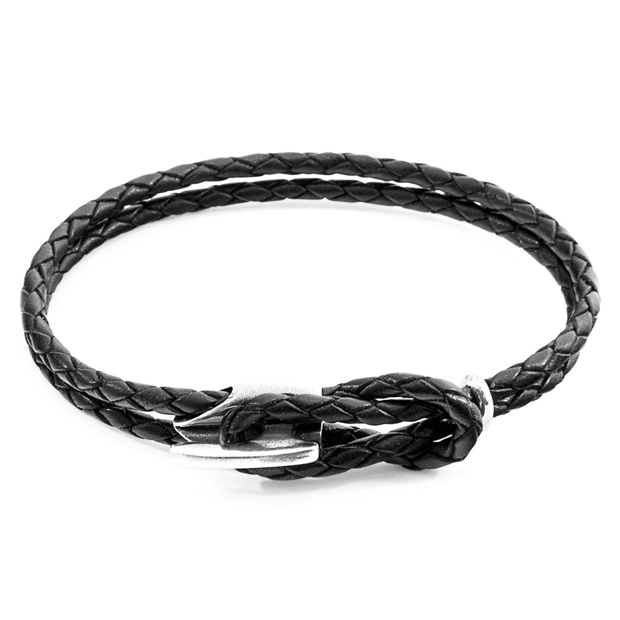 Padstow Silver and Braided Leather Bracelet - Coal Black - ROODS PROJECT