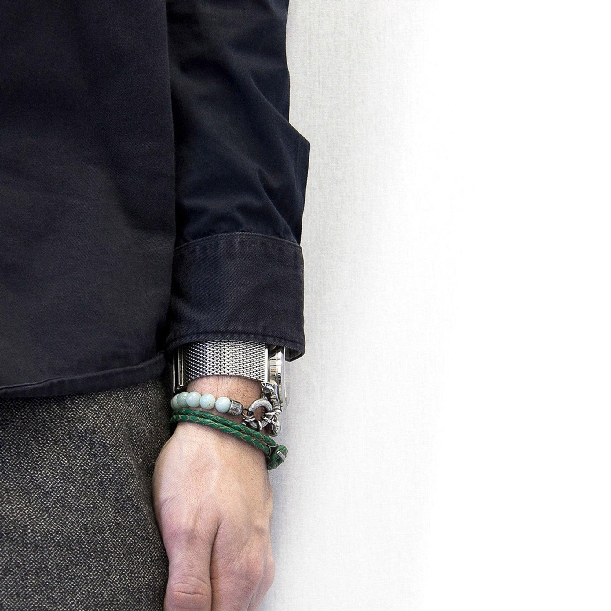 Padstow Silver and Braided Leather Bracelet - Fern Green - ROODS PROJECT