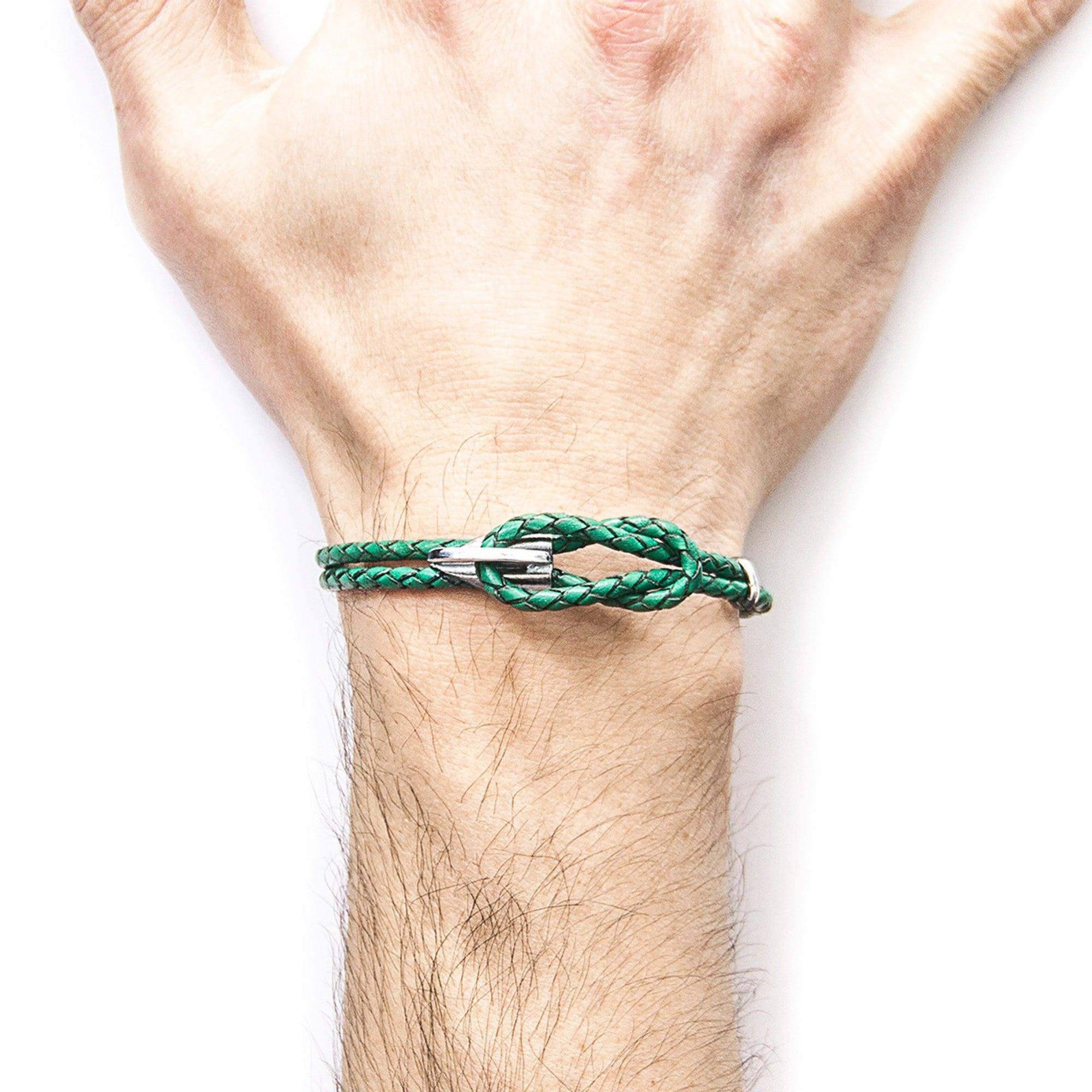 Padstow Silver and Braided Leather Bracelet - Fern Green - ROODS PROJECT