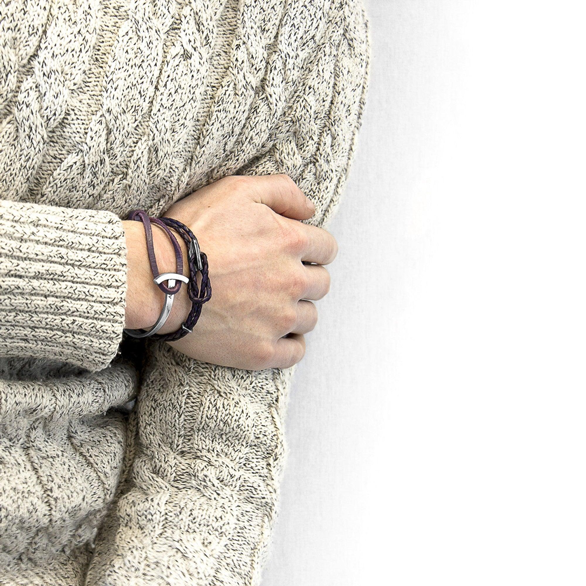 Padstow Silver and Braided Leather Bracelet - Grape Purple - ROODS PROJECT