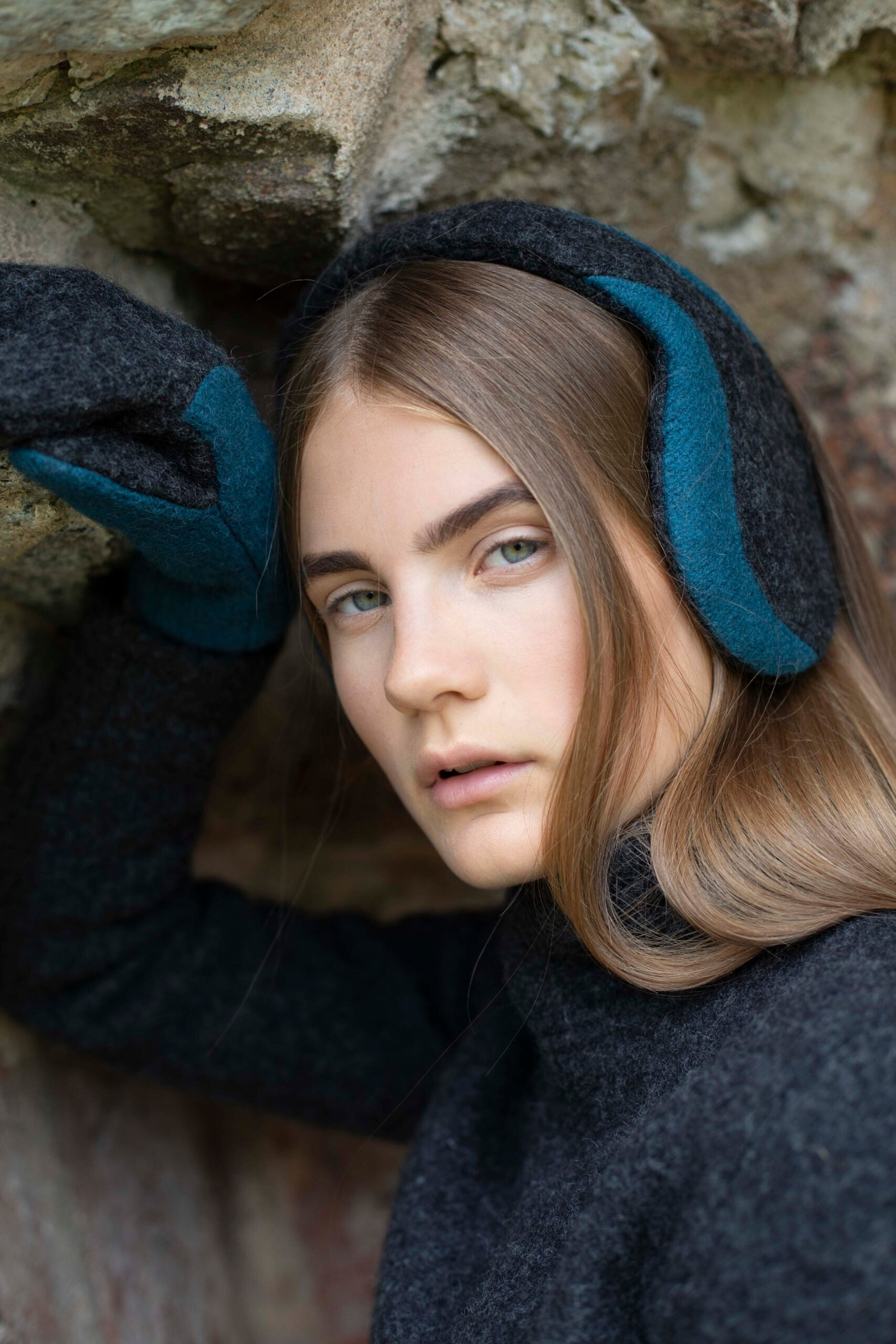 Felted Wool Earmuffs - Dark Grey, Aquamarine