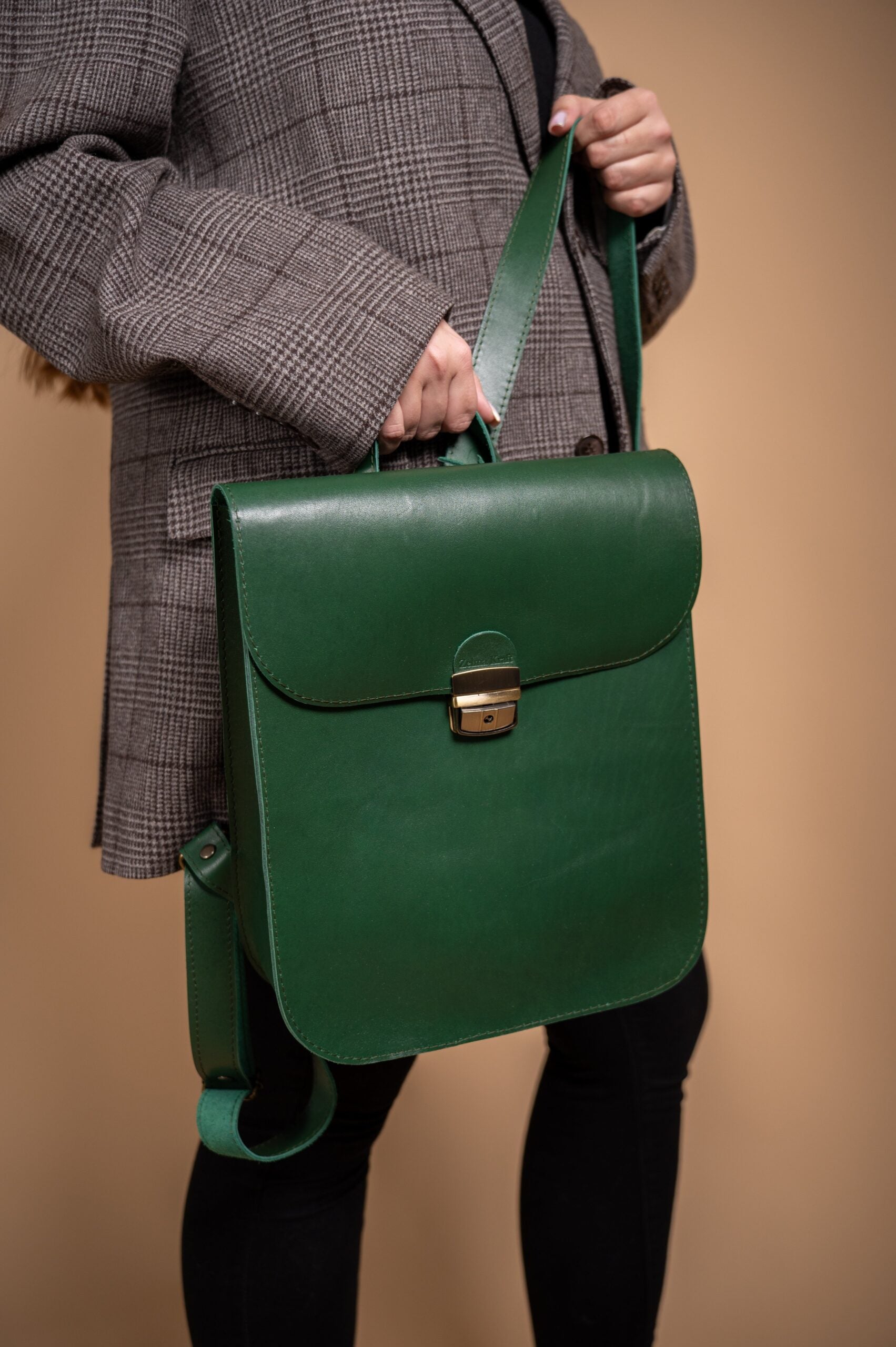 Natural Leather Saddle Backpack - Green - ROODS PROJECT