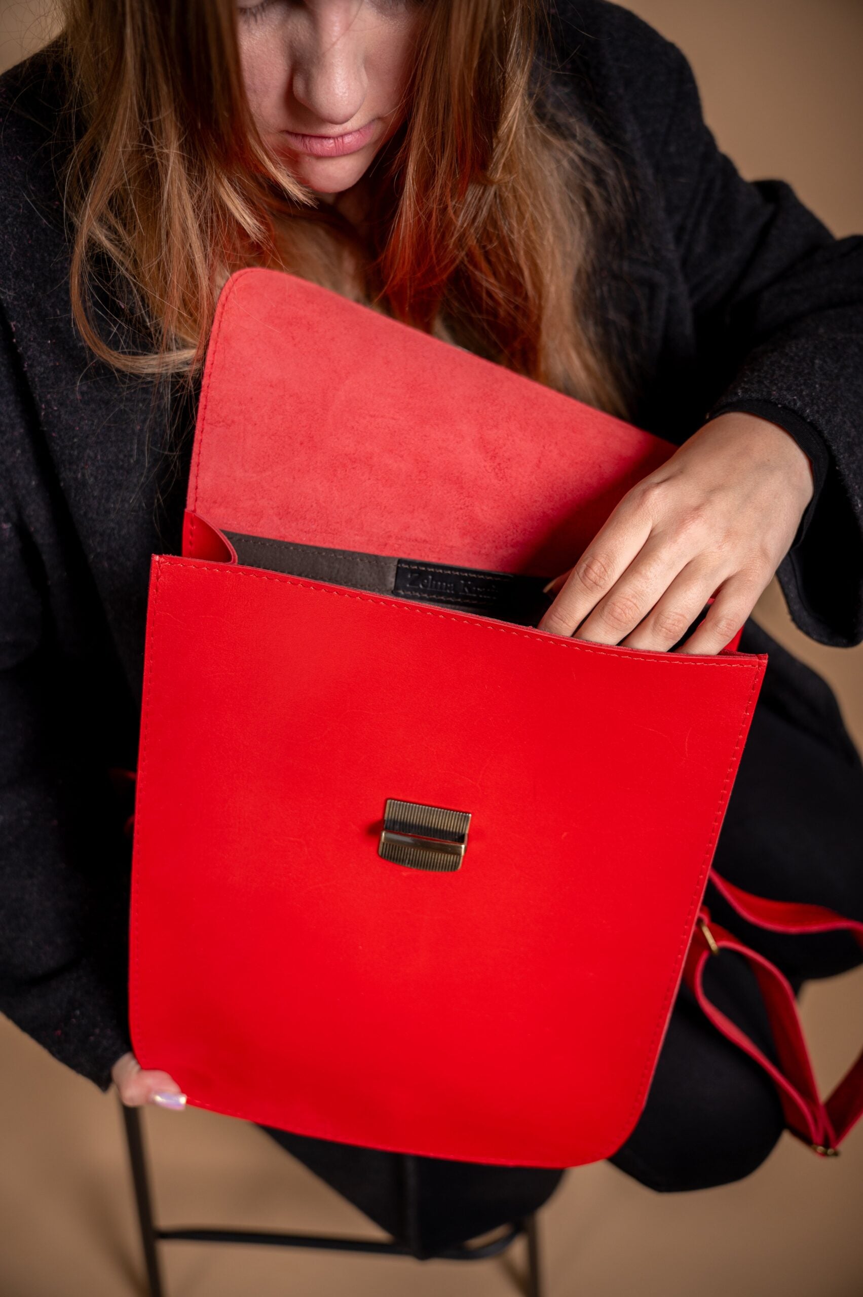 Natural Leather Saddle Backpack - Red - ROODS PROJECT