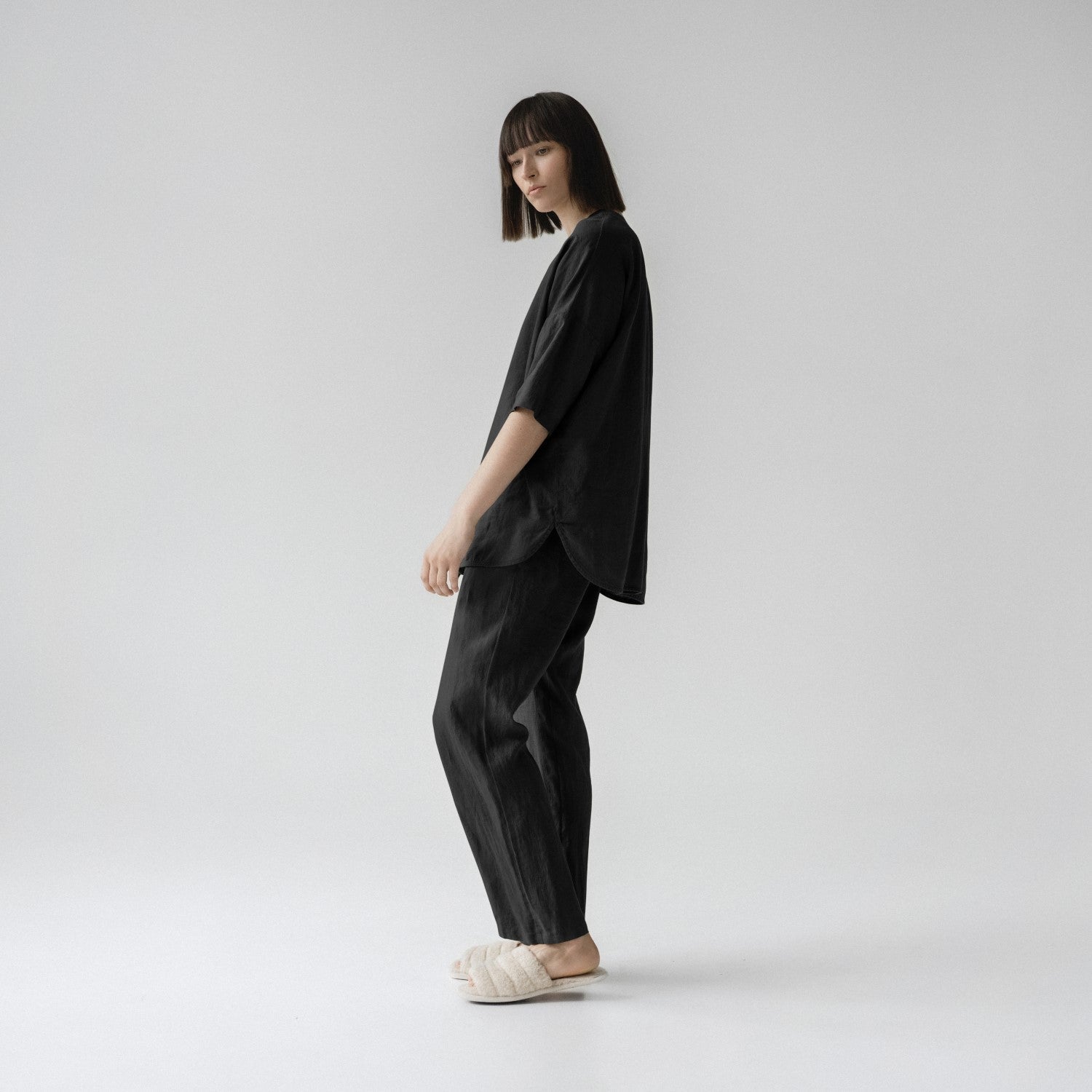 Linen Primrose Loungewear Set - Black - ROODS PROJECT