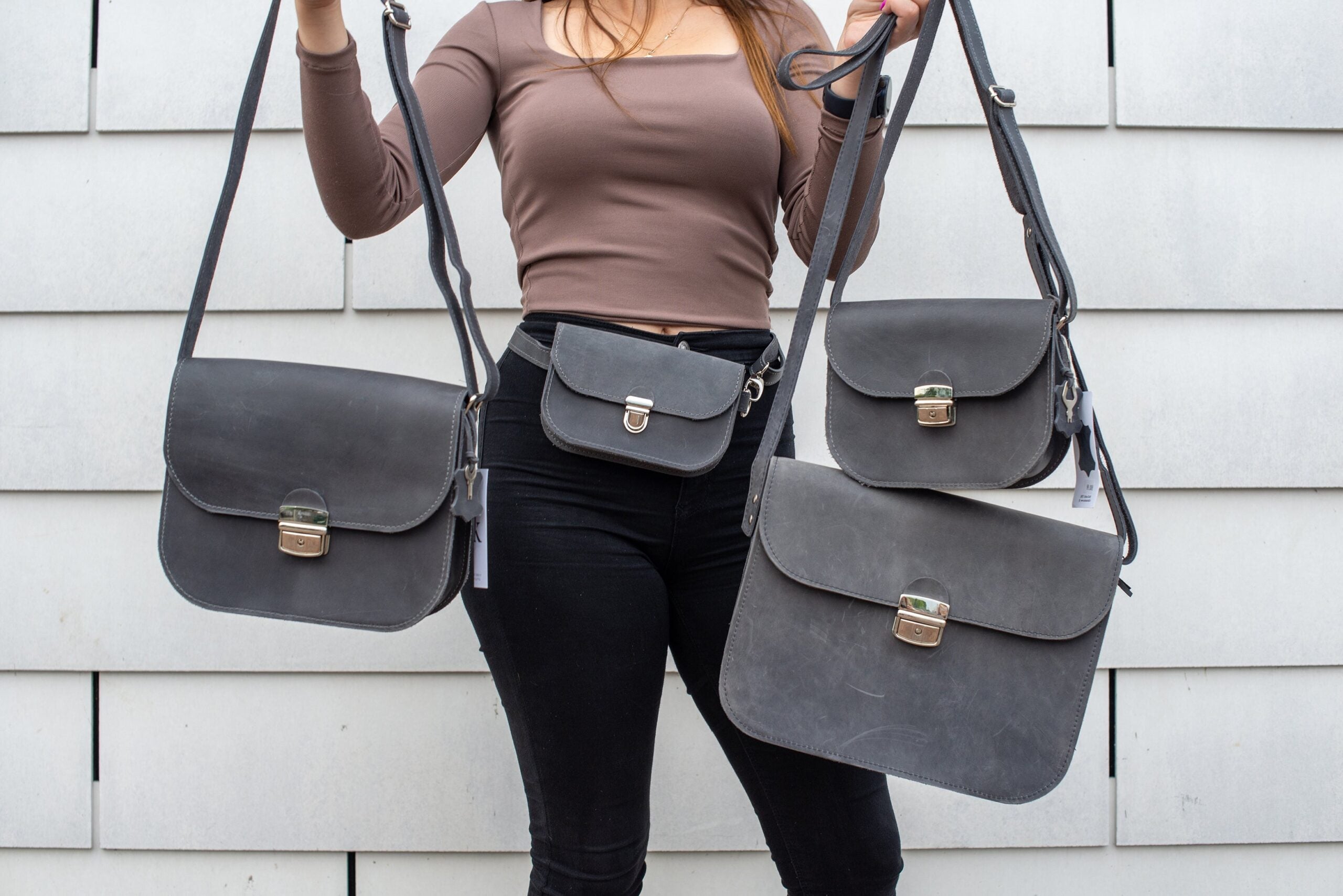 Natural Leather Saddle Bag Large – Grey - ROODS PROJECT